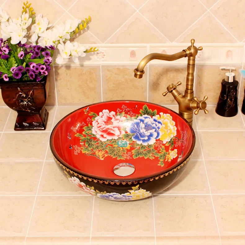 

Ceramic Painting Colorful Peony China Painting wash basin Bathroom vessel sinks counter top hand wash ceramic wash basin