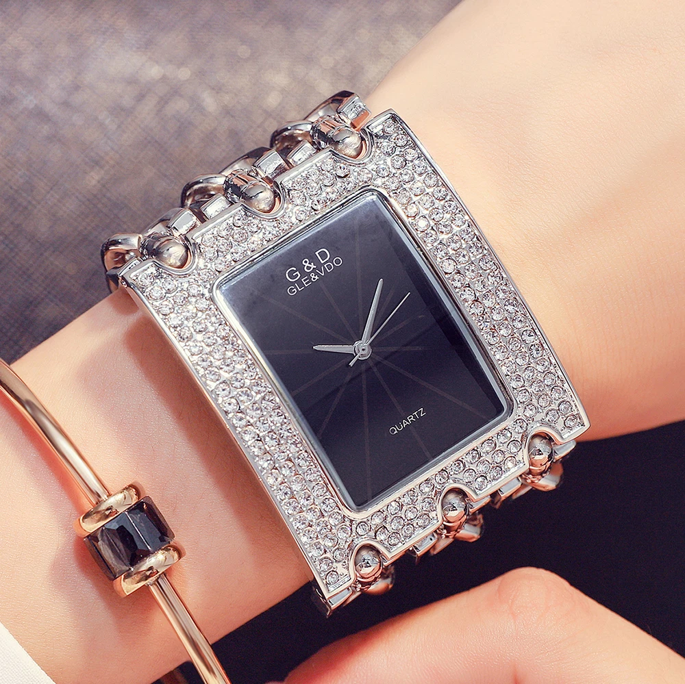 G&D GLE&VDO montre femme Luxury Rectangular Case with Rhinestones Quartz Ladies Watch Female Bracelet Wristwatch