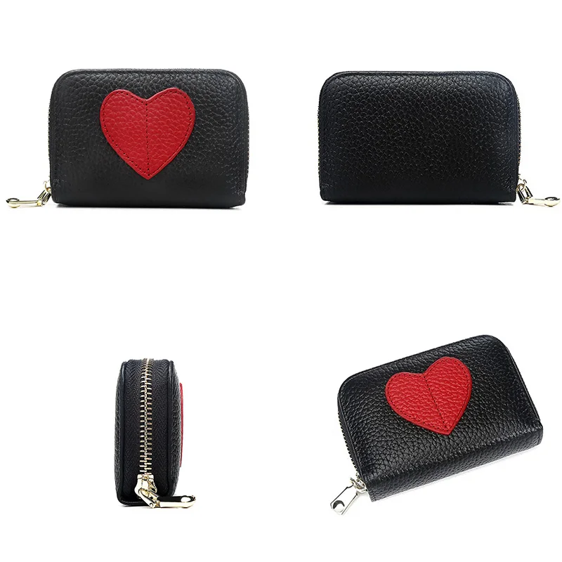 Zency Mini Short Wallet For Women Genuine Leather Heart Shape Decoration Daily Casual Coin Pocket Purse Card Holders Black Red