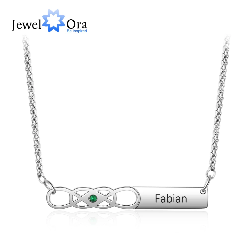 

Personalized Custom Name Bar Necklace with Birthstone Infinity Stainless Steel Engraved Pendant for Women (JewelOra NE103250)