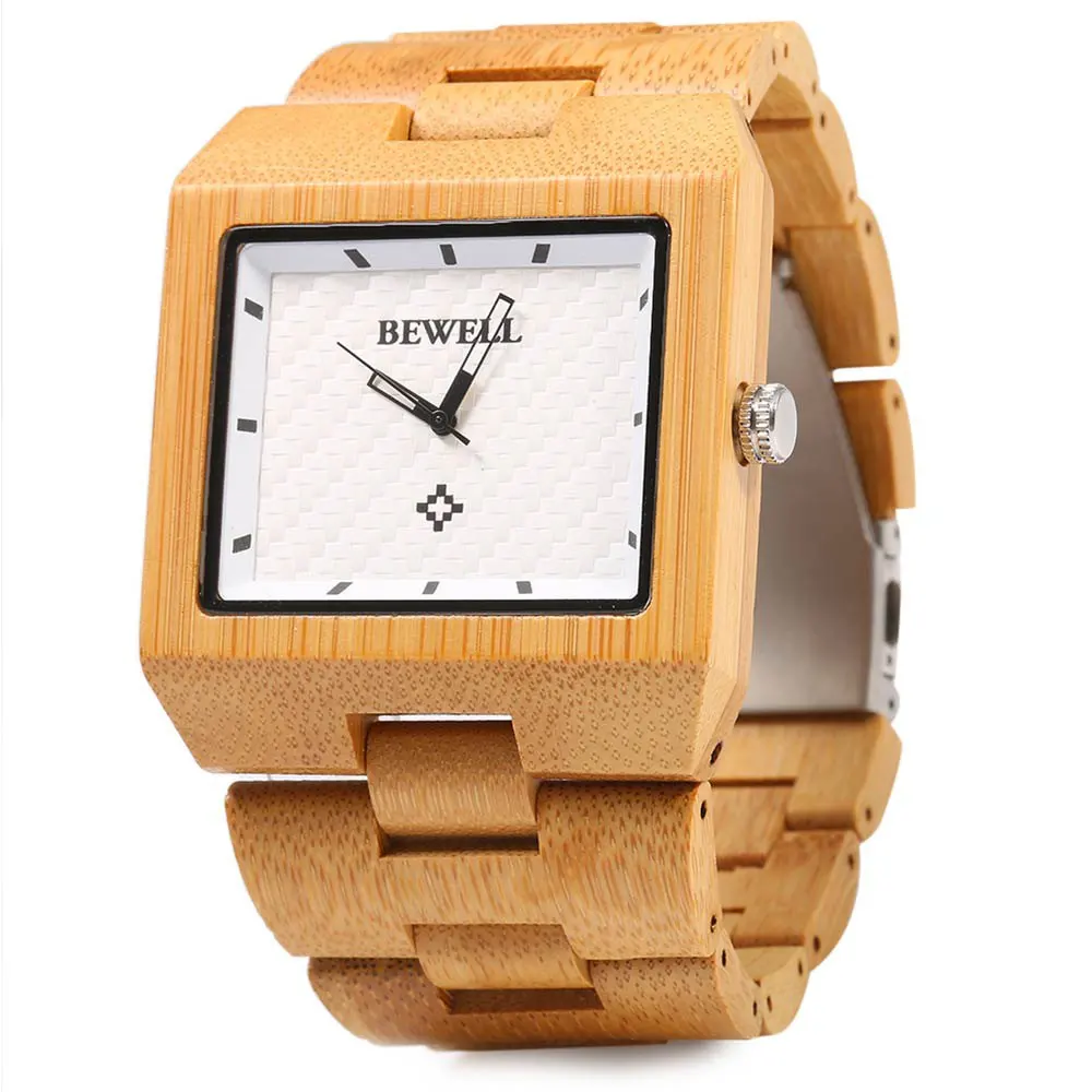 Bewell Wood Watch Men Fashion Wrist Watch, Wooden Band Rectangle Dial Analog Wristwatches, Water Resistant Casual Watches