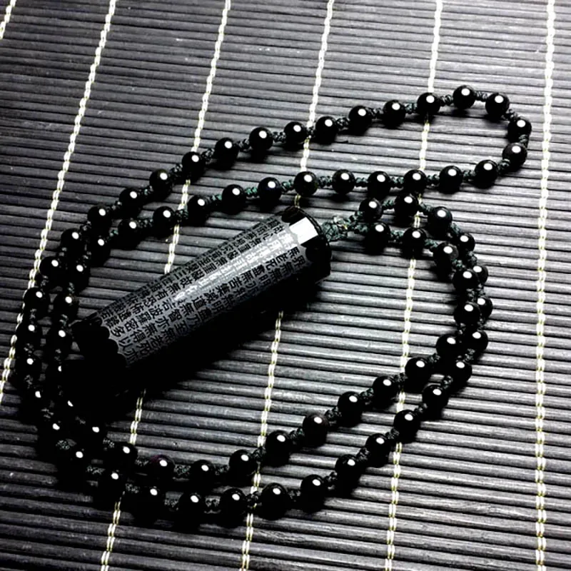 Natural Obsidian Pendant Prajna paramita Sutra Buddha Necklace Pendant With Lucky Beads Chain Fashion Jewelry For Men women