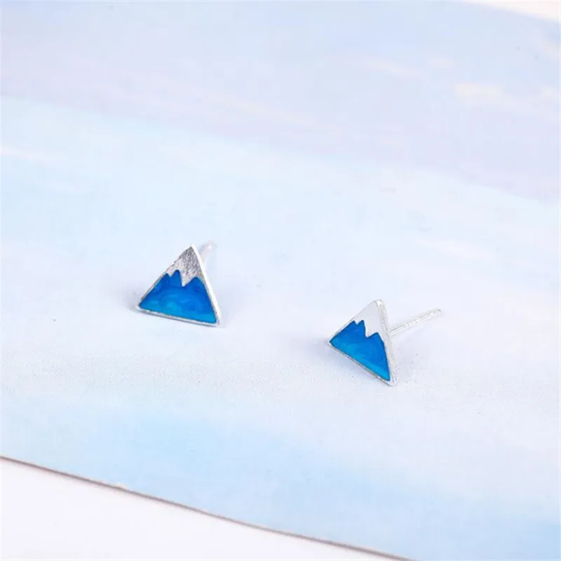 Creative New Fashion 925 Sterling Silver Jewelry Blue Triangle Geometry Snow Mountain Fresh Cute Female Stud Earrings