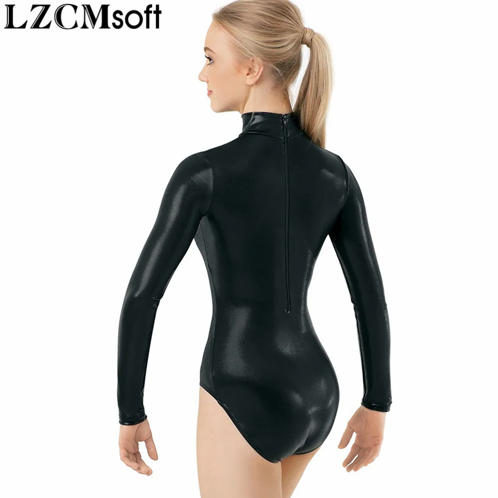 LZCMsoft Adult Shiny Metallic Mock Neck Leotard Women Black Long Sleeve Gymnastics Performance Ballet Dance Leotards Teams Wear