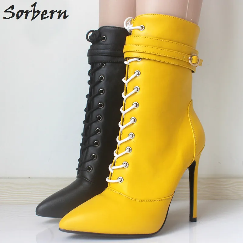 Sorbern Yellow Pointed Toe Ankle Boots For Women 12Cm High Heels Custom Colors Booties For Sale Big Size 36-46 Black Heeled Boot