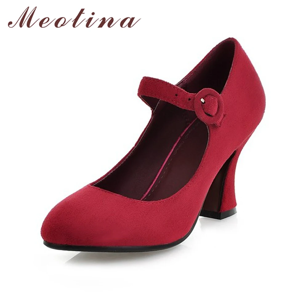 Meotina Women Shoes Mary Jane Pumps Thick High Heels Shoes 2019 Spring Round Toe Casual Shoes Autumn Plain Black Red Size 34-39