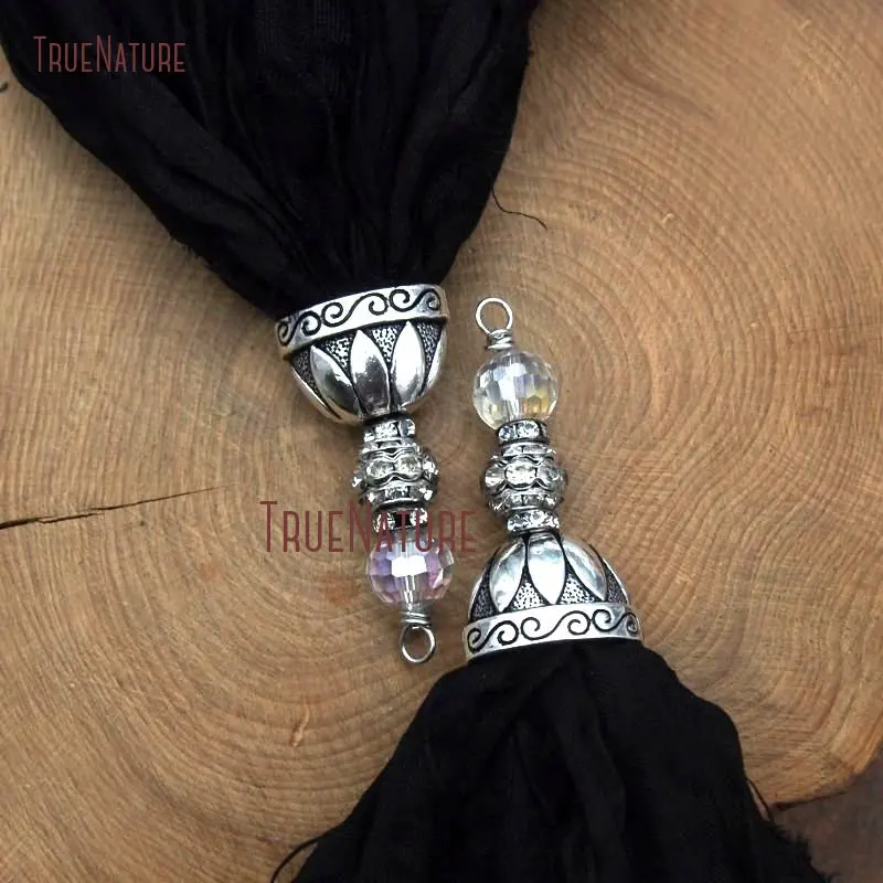 New Design Black Sari Silk Tassel Pendant Antique Silver Color Cap Rhinestone Beads Pave Charm In 6.8inch PT7908