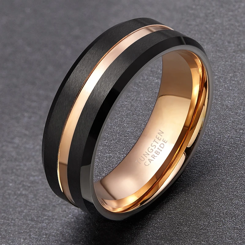 Tigrade Men Ring 8mm 6mm Black Tungsten Ring Luxury Jewelry With Rose Gold Line Wedding Band Men Tungsten Rings bague homme