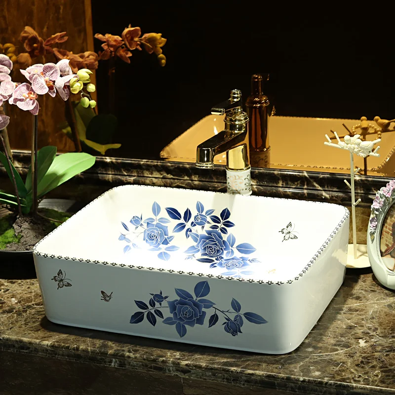 

Rectangular Jingdezhen Bathroom ceramic sink wash basin Counter Top Wash Basin Bathroom Sinks vanity sink bowl blue and white