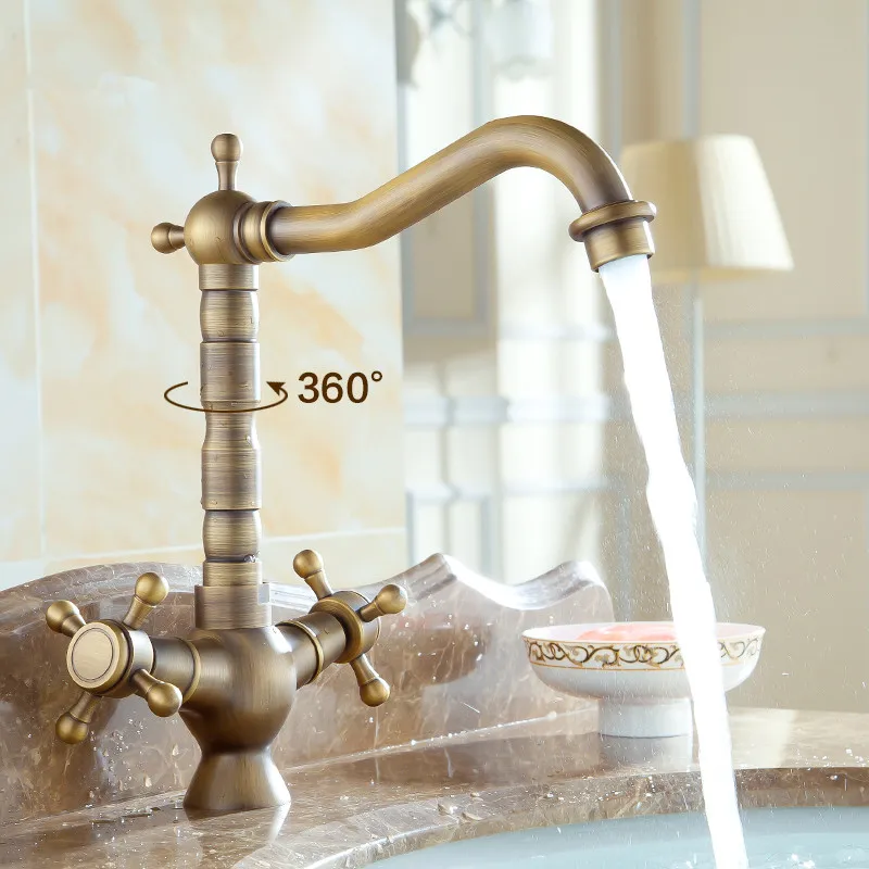 ZGRK Wastafelkraan met dubbele handgrepen Messing Brons Afgewerkt Mengkranen 360-rotatie Antieke wastafelkraan Badrandcombinaties Waterkranen