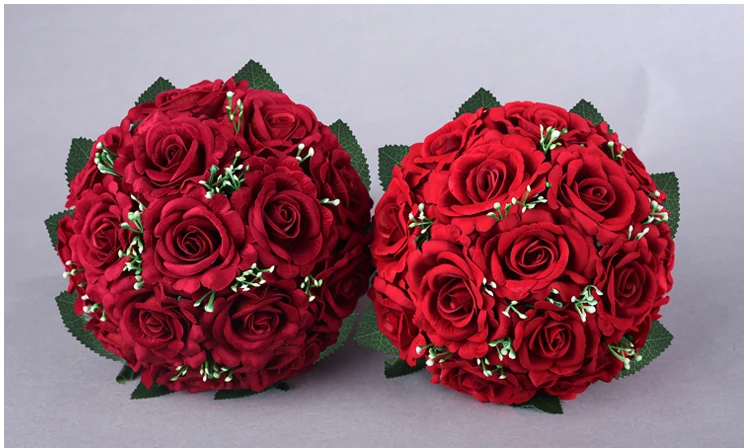 Hochzeit Braut Bouquet Blume Chinesische Rote Kreative Hochzeit Brautjungfer Hand Blume mit Band Requisiten 15 Pcs Rose