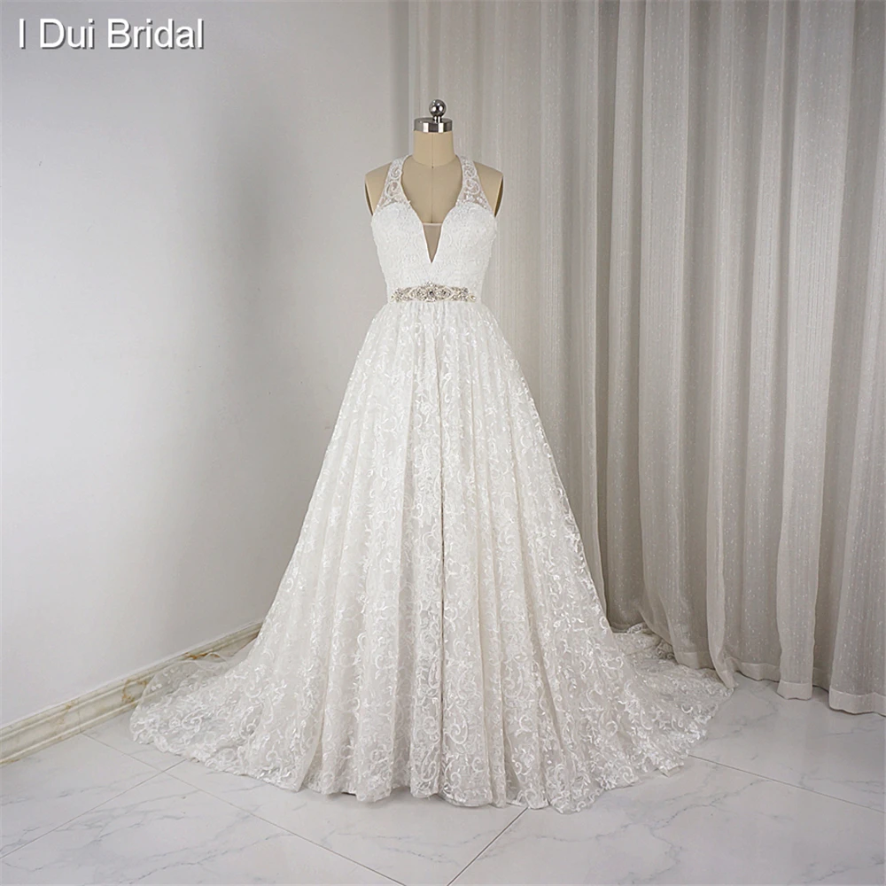 Halter Wedding Dress Jauh V Neck Ball Gown Lace Real Photo Bridal Gown Jewel Belt Custom Made ELS0002