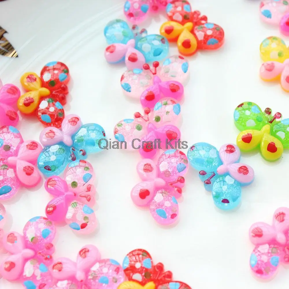 200pcs 22mm mixed colors Glitter Butterfly Kawaii Flatback Resin Cabochon hairbow center scrapbooking D25