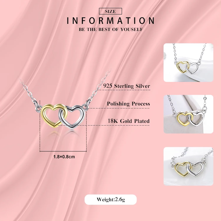 Modian Top Quality Solid 925 Sterling Silver Double Hearts Pendant Necklace Gold & White Color Chain Women Wedding Jewelry Gift