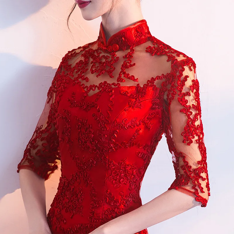 2020 Red Chinese Wedding Dress Female Long Half Sleeve Cheongsam Slim Chinese Traditional Dress Women Qipao for Wedding Party