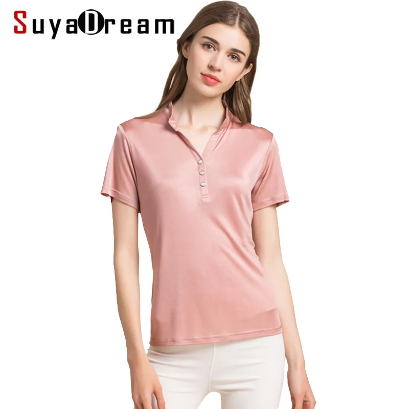 SuyaDream Women T shirt 100% Natural silk Polo shirt Short stand neck Bottoming Top 2022 FALL new white black Plus size