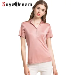 SuyaDream Women T shirt 100% Natural silk Polo shirt Short stand neck Bottoming Top 2022 FALL new white black Plus size