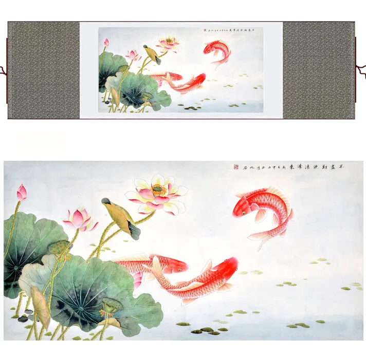 

Fish painting Silk painting traditional art Chinese painting fish and flower paintingPrinted painting