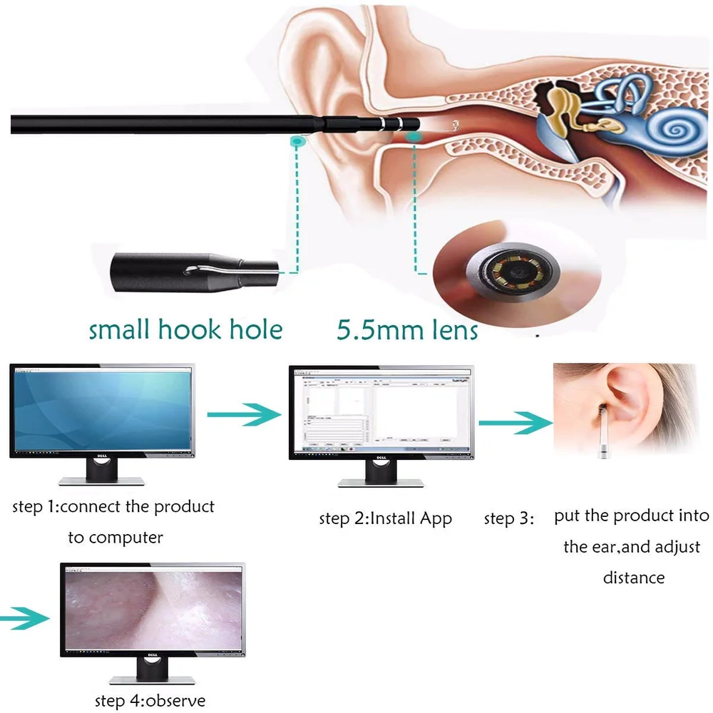 3 In 1 6Led 5.5mm 30W IP67 Waterproof Endoscope Ear Cleaner Inspection Borescope Health Care Tool for Android PC Ipad