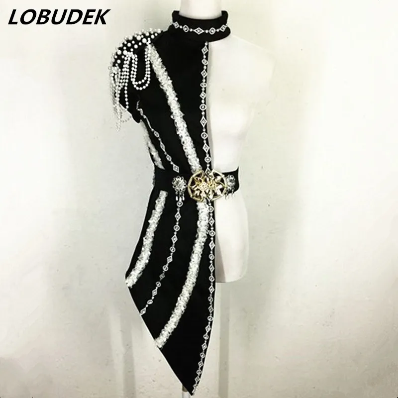 Black Red Pearl Chain Unilateral Cloak Stage Costume Female Singer Jazz Dance Performance Outfit Bar DJ Star Personality Costume