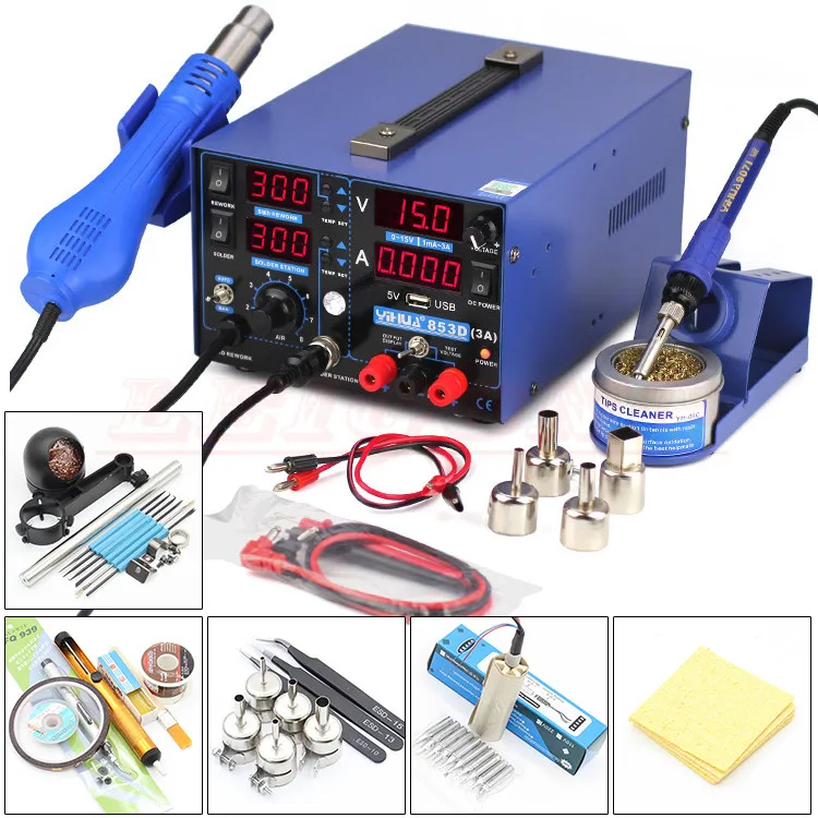 

YIHUA 853D + 3A 3 в 1, Термофен наладочная станция для пайки, паяльник, блок питания с бесплатными подарками