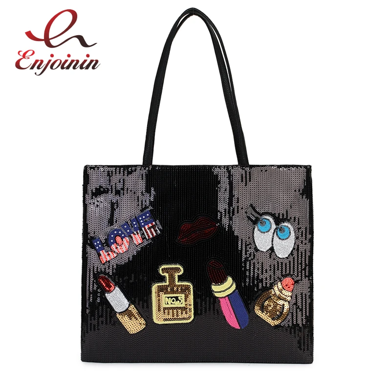 New Arrival Cartoon Badge Sequins Pu Leather Fashion Women Casual Totes Shoulder Bag Tote Bag Female Bolsa Purse Handbag 3 Color