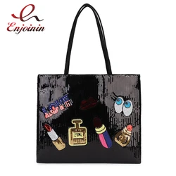 New Arrival Cartoon Badge Sequins Pu Leather Fashion Women Casual Totes Shoulder Bag Tote Bag Female Bolsa Purse Handbag 3 Color