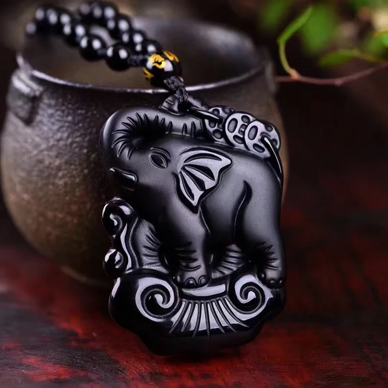 Natural Obsidian Pendants Necklace Mother Baby Cute Elephant Lucky Pendant  With Natural Stone Beaded Chains Fashion Woman Man