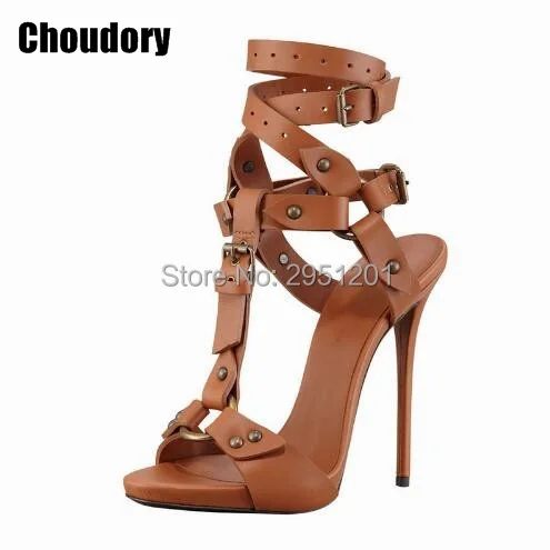 Black gladiator stiletto heel sandals cross ankle strap dress pumps studded brown summer sandal shoes real picture