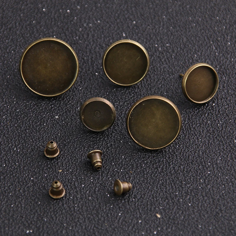 20pcs 10/12/14/16/18mm Vintage Adjustable Stud Earrings Bases+Ear cap Blanks Antique Bronze Cabochon Stud Earrings