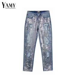 Sequin jeans woman sexy plus size vintage mid waist hole mom boyfriend ripped jeans for women's jeans distressed denim pants