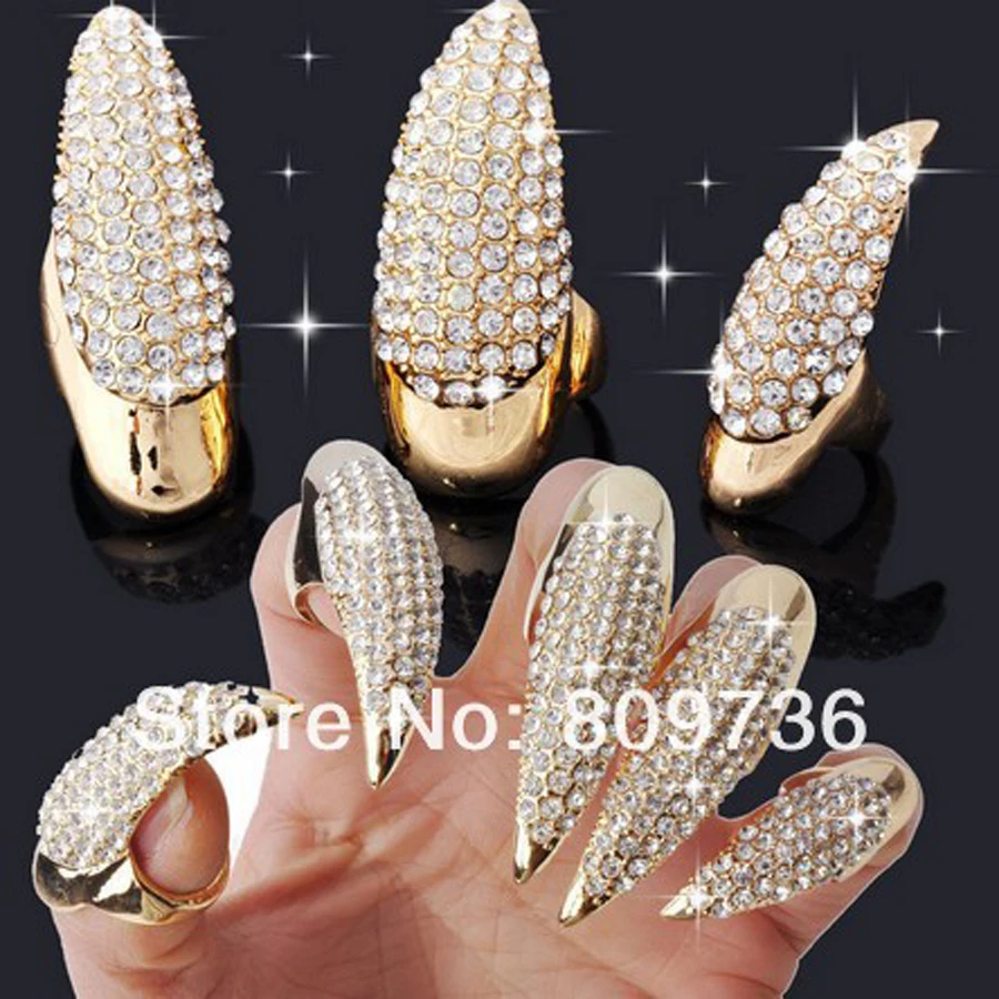 10PCS Hot Punk False Nail Jewelry Crystal Rhinestones Claw Paw Talon Finger Ring Wholesale Unisex Jewelry