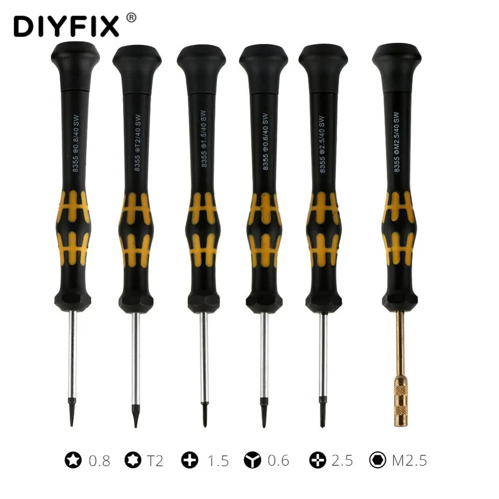 DIYFIX 6Pcs Magnetic Screwdriver Kit Cross Hex Pentalobe Y-Tip T2 for iPhone X 8 7 Plus Opening Repair Tools Set DIY Hand Tools