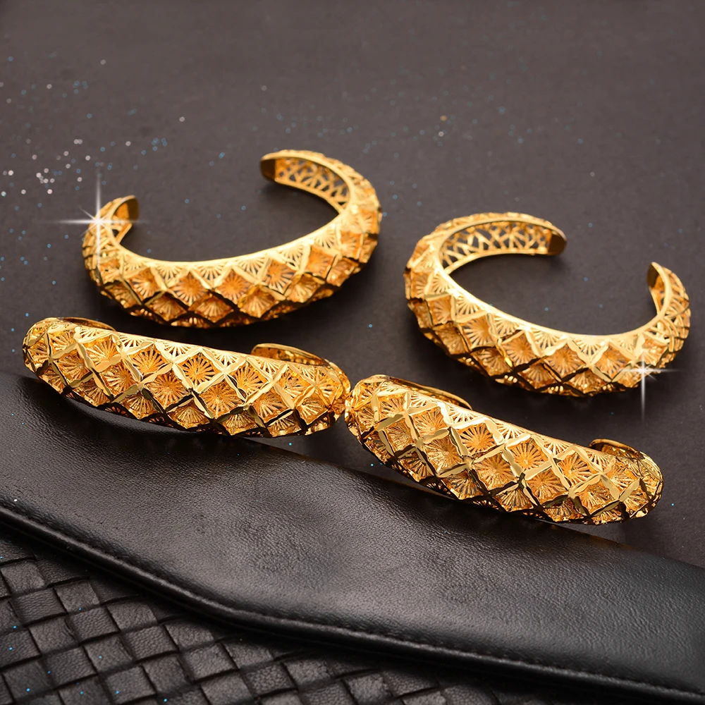 4pcs Ethiopian Pattern Gold Color Bangles For Women Snow Dubai France Spain Bride Wedding Bracelet Arab Middle East Jewelry