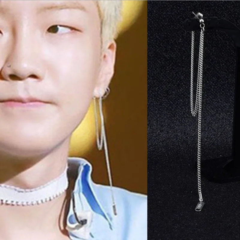 got7men Boys Bulletproof Youth League with the extra long two earrings earrings Korean stainless steel chain earrings male