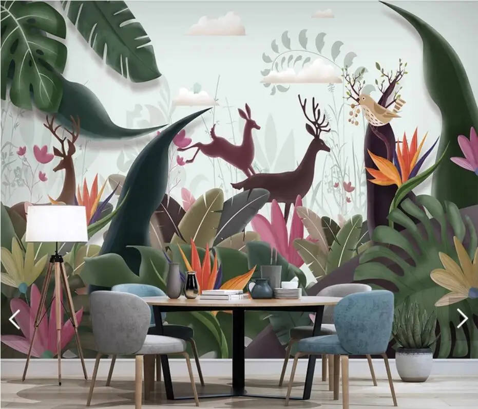 

Nordic ELK Deer Tropical Banana Leaves Wallpaper Mural for Living Room TV Backdrop Papers Decor Flower Murals