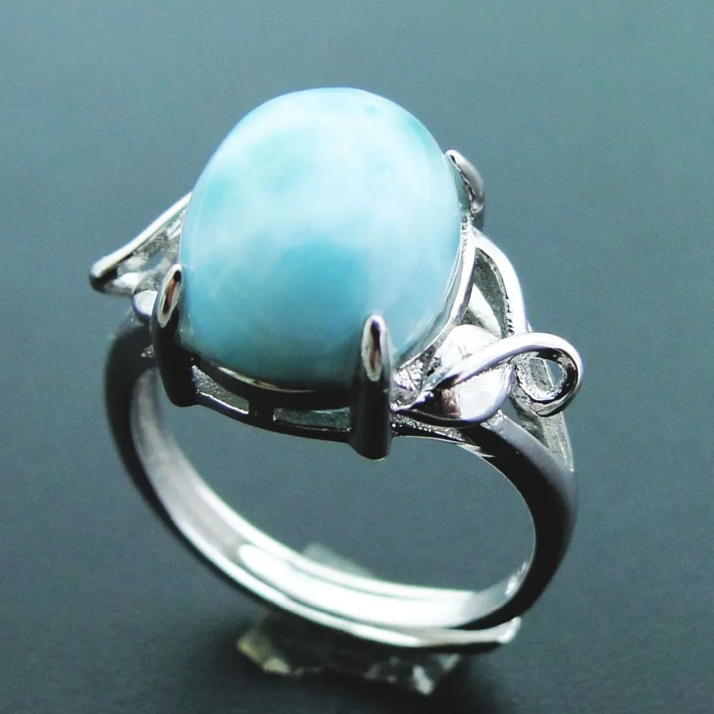 Natural Larimar Ring 925 Sterling Silver Jewelry Vintage Ring Oval 12x9mm Larimar Stone Wedding Rings Women Adjustable Ring Size