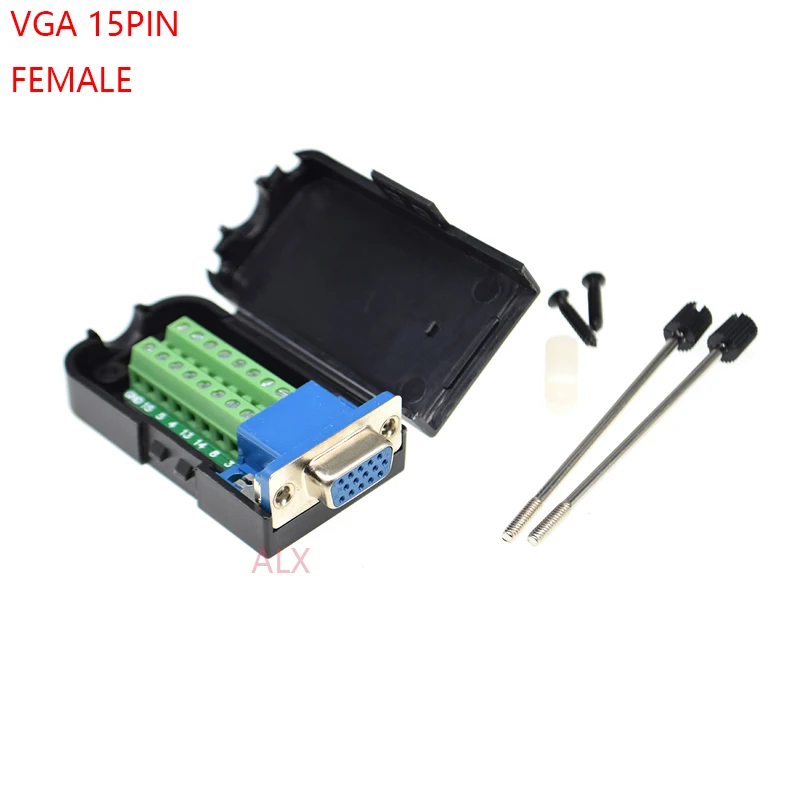 1PCS VGA VGA15 DB15 15PIN 3 ROW female plug connector to screw terminal adapter with black shell D-SUB wire cable free solder