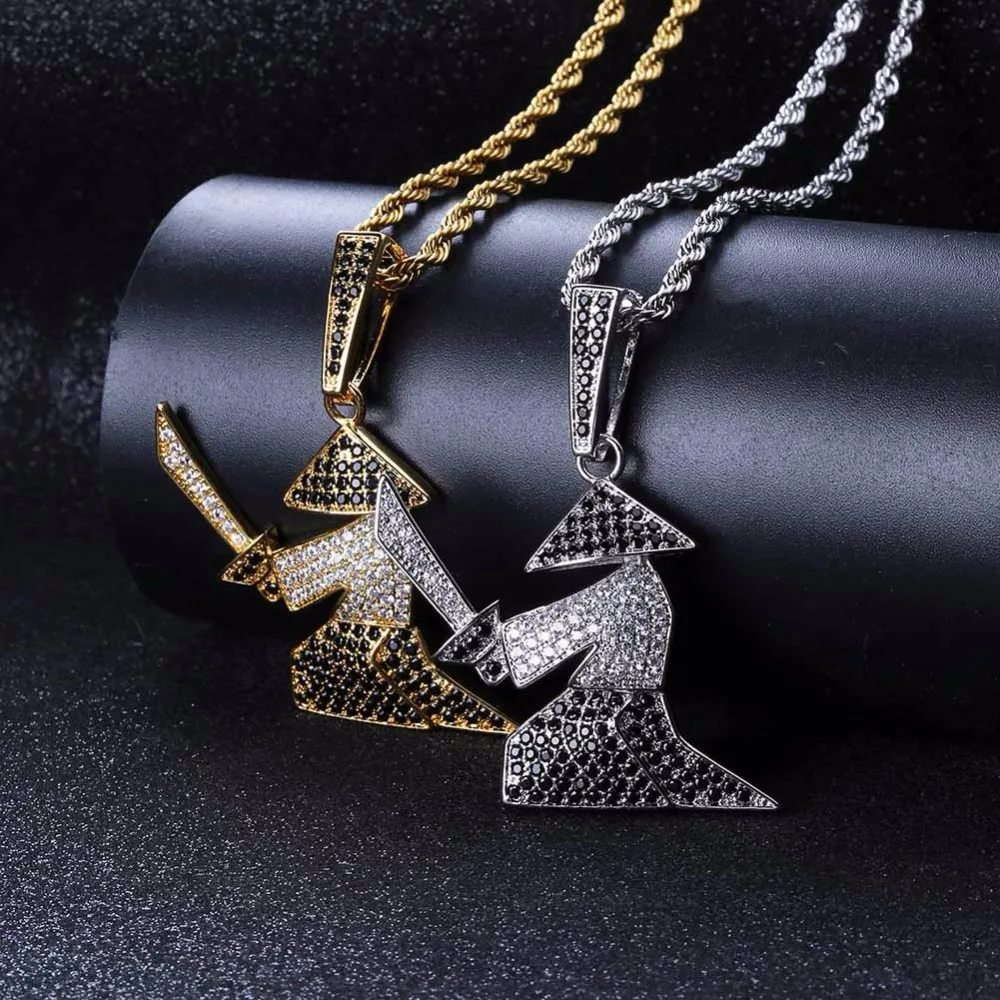 Collares con Colgantes de Guerrero Oriental Samurái con Micro Pavé de Circonitas Cúbicas y Pedrería Brillante para Hombres, Joyería Hip Hop Rapper