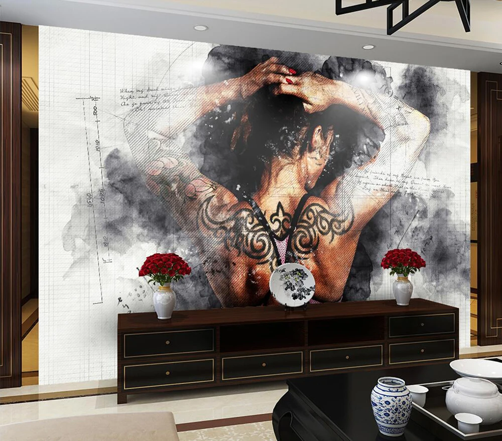 Decorative wallpaper Hand-painted woman fitness background wall painting