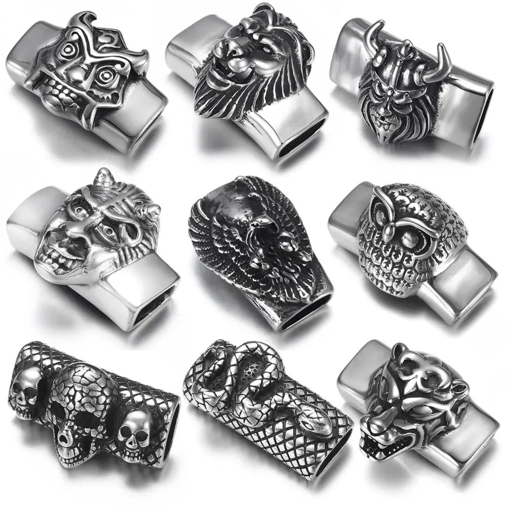 Stainless Steel Punk Slider Beads Skull Animal Slide Charms Fit 12*6mm Flat Leather DIY Men\'s Bracelet Jewelry Making