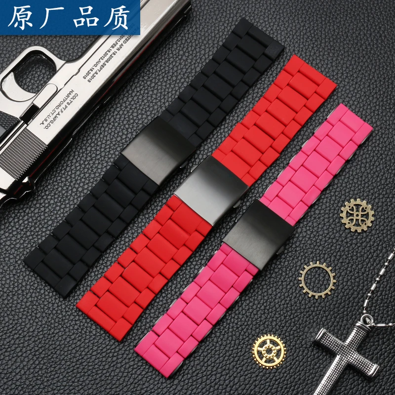 For DZ7396 DZ7370 DZ4289 DZ7070 DZ739 Watchband Black Red 24 28mm Waterproof Silicone Rubber Cover Metal Stainless Strap