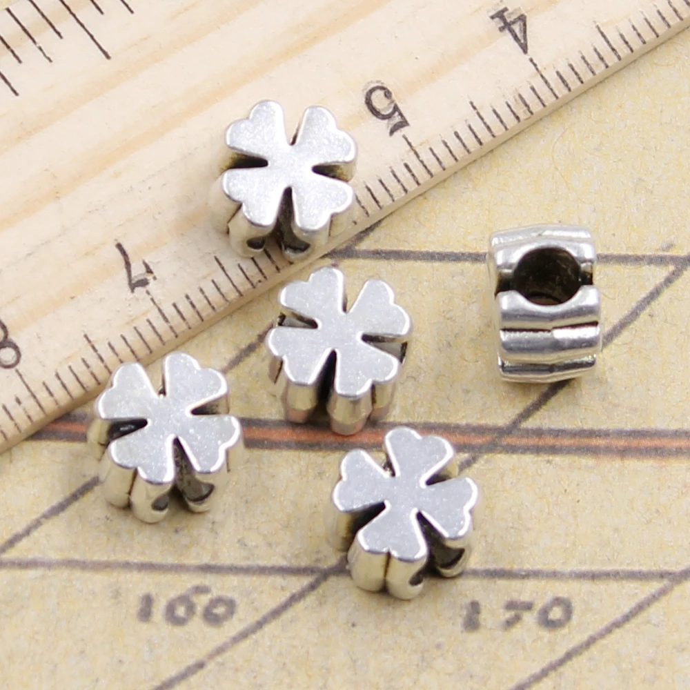 10pcs Beads Cross Clover 4mm Big Hole Vintage Charms European Pendant Fit For Bracelet DIY Antique Silver Color Fit Making