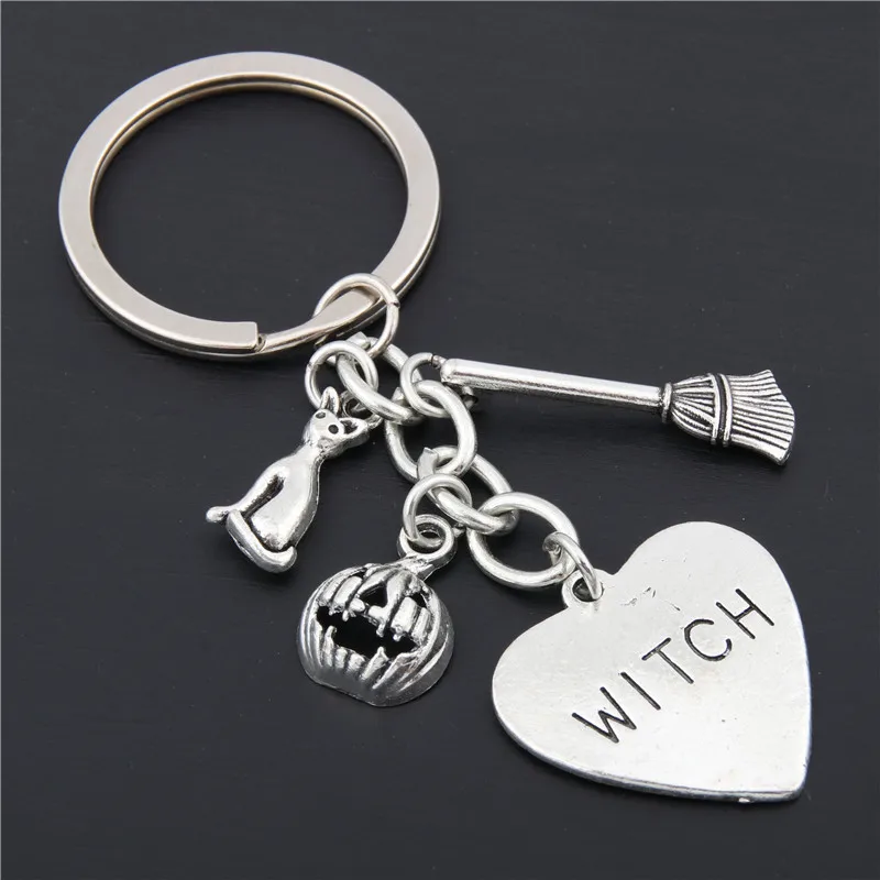 1pc Halloween Day Pumpkin Keyring Witchy Keychain Cat Key Chains Gothic Broomstick Charms Gift For Witch Lover Jewlery E1645