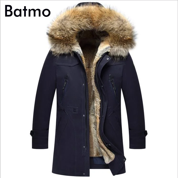 Batmo-Chaqueta de piel de conejo con capucha para hombre, abrigo cálido con Cuello de piel de mapache, color azul, alta calidad, invierno, 2023