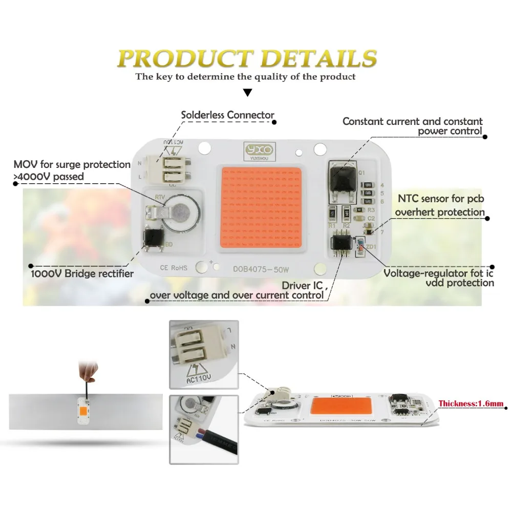 Solderless LED DOB Chip Lamp 50W AC 110V IP65 Smart IC Fit Driverless COB LED For DIY LED Floodlight Cold White Warm White Blue