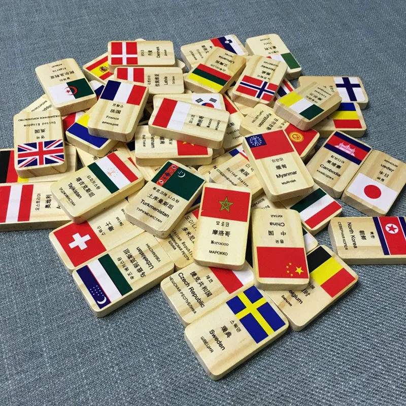 100 Pcs เด็กไม้ธงการเรียนรู้บล็อกชุดของเล่น Domino บล็อกเด็กการเรียนรู้ธงชาติทั่วโลกการศึกษาของเล่นของขวัญเทศกาล