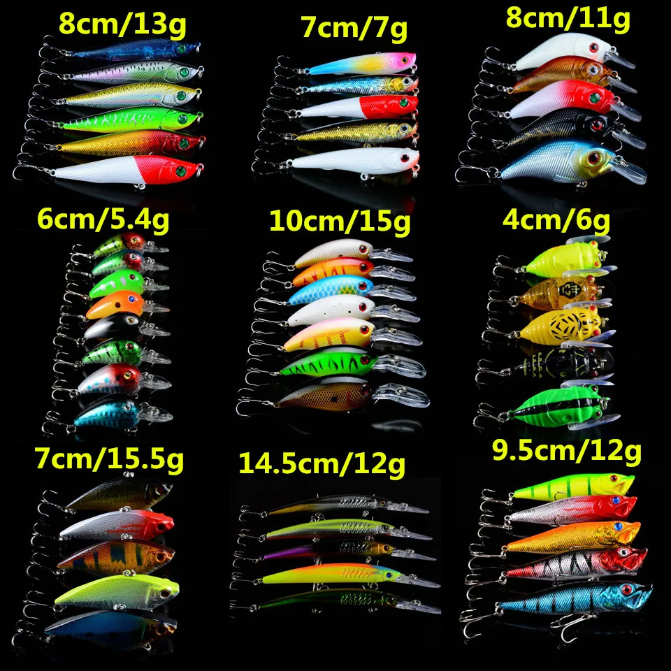 LINGYUE 51pcs/lot Fishing Lures Set Mixed 9 Models Fishing Tackle Artificial 51 Colors Bass Crankbait Wobblers Plastic Fish bait