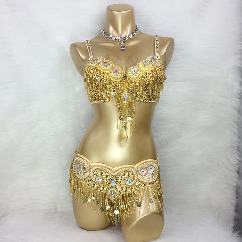 Diseño novedoso, traje de danza del vientre con cuentas hecho a mano, sujetador + cinturón, conjunto de 2 piezas, traje de 5 colores para mujer, ropa Sexy para fiesta de baile de Carnaval