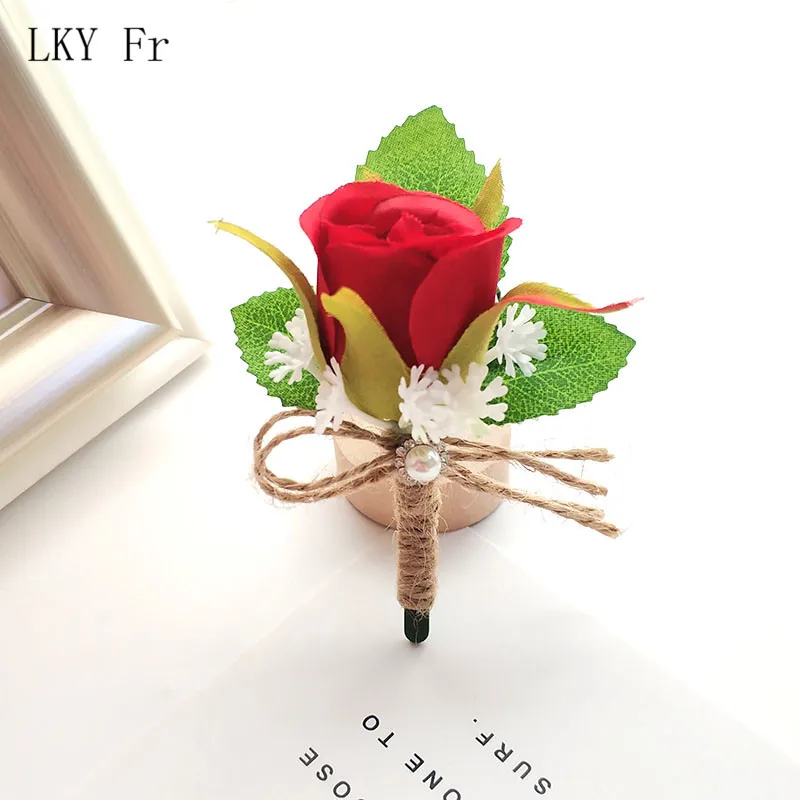 LKY Fr boutonnière boutonnière mariage Corsage Pin fleurs blanc rose marié boutonnière hommes mariage soie fleur Corsages